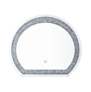 Reflect your charm and confidence in this glam style Noralie Mirror. The half-circle mirror with LED lights provides perfect view and brightness. Faux diamonds surround frame showcases an even more dazzling style, adding modern glamour to your space. Both