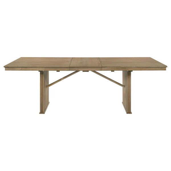  the table boasts a sturdy and stylish design. The base features striking vertical reeding side panels