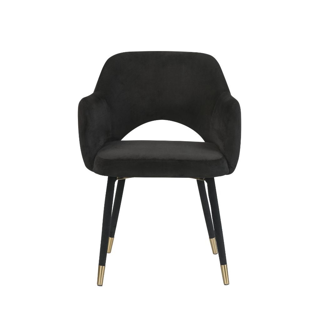 This Applewood accent chair is the perfect piece to add life to any room. It will give your space an instant makeover. Featuring a luxurious black velvet that screams indulgence. Its tight mid-back barrel backrest with an open frame is the ideal contempor
