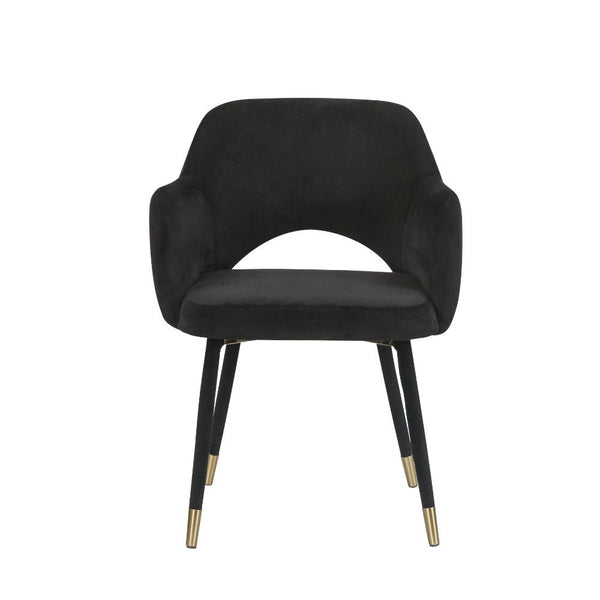 This Applewood accent chair is the perfect piece to add life to any room. It will give your space an instant makeover. Featuring a luxurious black velvet that screams indulgence. Its tight mid-back barrel backrest with an open frame is the ideal contempor