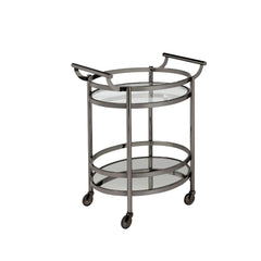 Show off your personality with the Lakelyn serving cart, featuring a metal frame finished in black nickel and top tray of glass and lower mirrored shelf for that glam appeal. The clear tempered glass top and mirror bottom are the ideal place for placing y