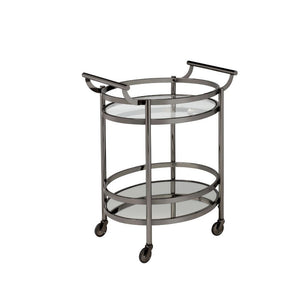 Show off your personality with the Lakelyn serving cart, featuring a metal frame finished in black nickel and top tray of glass and lower mirrored shelf for that glam appeal. The clear tempered glass top and mirror bottom are the ideal place for placing y