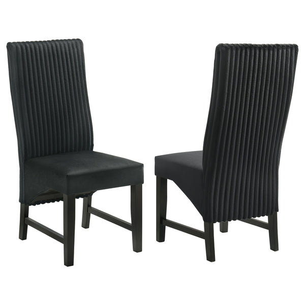 Elevate your dining space with these sophisticated dining chairs, blending textures and luxurious fabrics for a modern, elegant look. The seat back features wide channel corduroy upholstery, adding rich texture and a stylish visual contrast. The seat itse