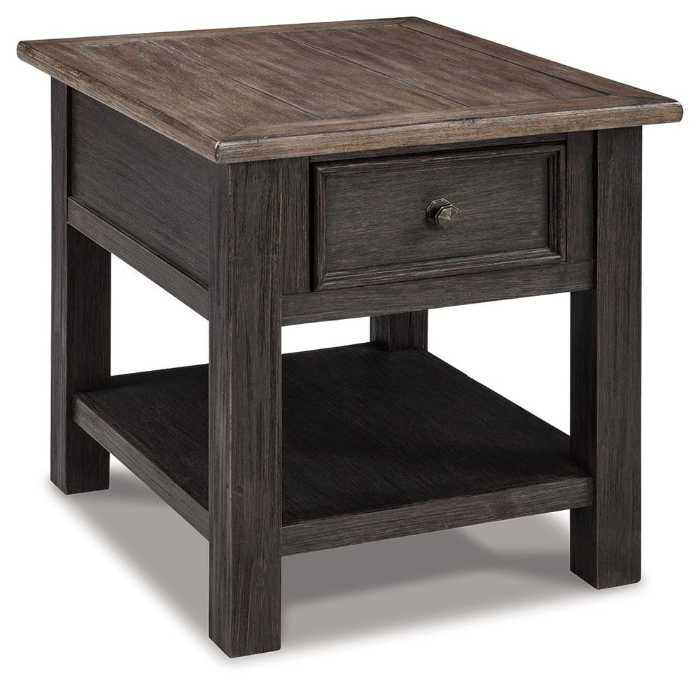 Shabby chic with a hint of down-home country, this rectangular end table is all the talk of todayâ€™s design world. Wood grain shows through the weathered gray-brown top in all of its earthy pleasure. Lovely traditional hardware adorns the framed drawer.<