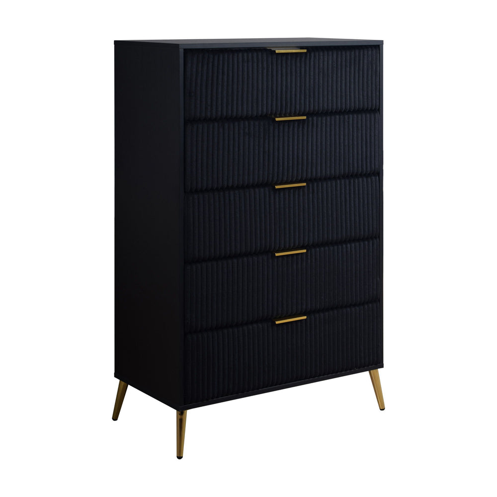 The Kailani 5 Drawer Chest in black seamlessly combines modern design, durability, and eco-friendly construction, making it an elegant and sustainable choice for any bedroom. Crafted from a blend of solid rubberwood, engineered wood, and eco-friendly deco