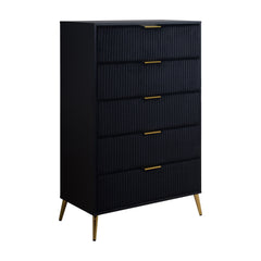 The Kailani 5 Drawer Chest in black seamlessly combines modern design, durability, and eco-friendly construction, making it an elegant and sustainable choice for any bedroom. Crafted from a blend of solid rubberwood, engineered wood, and eco-friendly deco