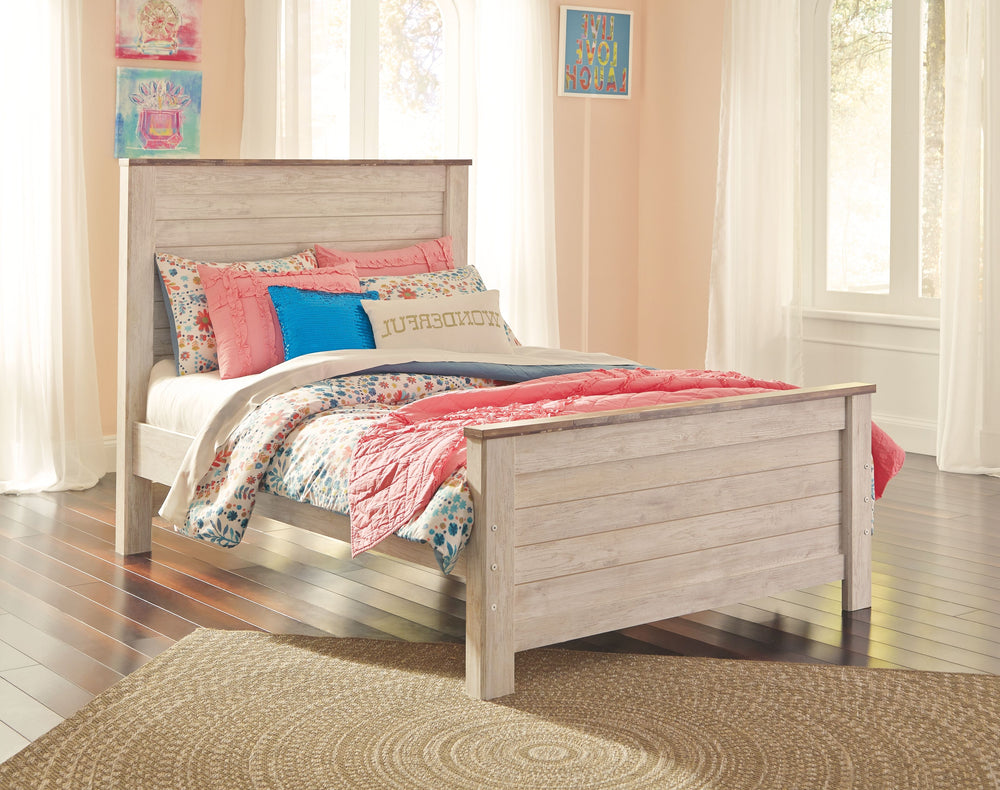 This full panel bed is the ultimate statement piece for a coastal cottage or shabby chic inspired retreat. Whitewashed finish is wonderfully easy on the eyes. Faux plank cap rails on the headboard and footboard infuse a driftwoody look that has our minds 