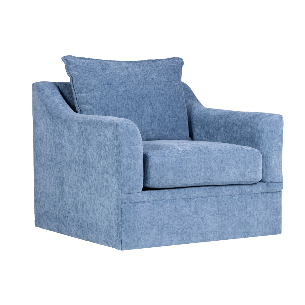 The Sylvie Swivel Armchair blends timeless style with cozy comfort. Featuring slate blue fabric, flared arms, plush 1.9 density cushions, and a supportive pillow back, itâ€™s perfect for relaxing and conversation. Built to last in the USA with a smooth sw