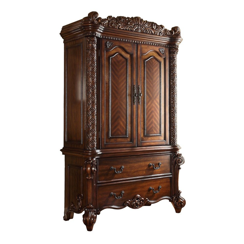 Create an elegant, traditional design in your bedroom with the cherry Vendome TV Armoire. This hand-crafted piece inspired from the luxurious designs of the past, this TV Armoire features elaborate wood carving details, traditional hardware and a sophisti