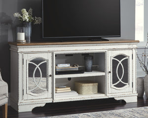  this TV stand with fireplace option is beautifully in tune with your taste. Antiqued two-tone aesthetic blends a chipped white with a distressed wood tone top for added charm. Cabinet doorsâ€™ decorative f