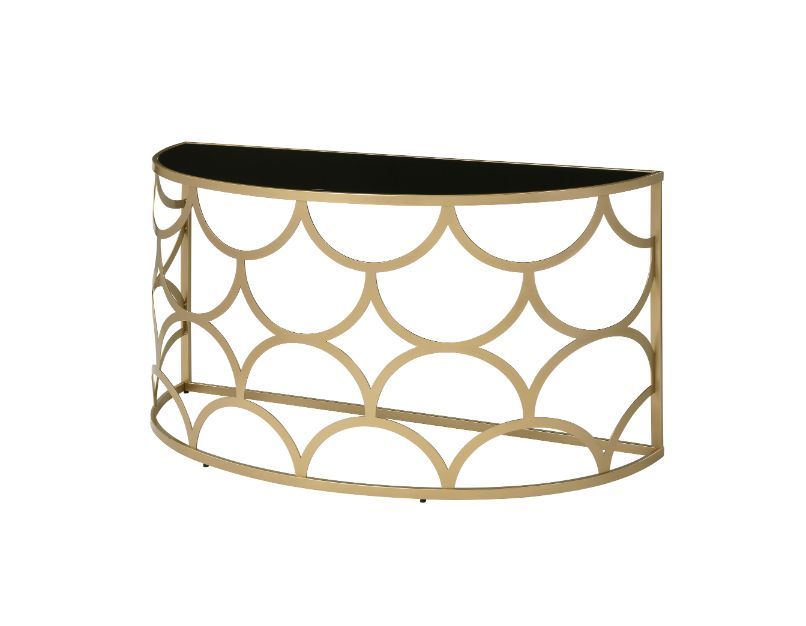 The sleek console table has timeless fashion and eye-catching appeal. It-'s metal base works perfectly with gold finish, showcasing a striking geometric silhouette in modern style. It features a tempered glass top in half-moon shape that provide elegance 