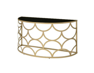 The sleek console table has timeless fashion and eye-catching appeal. It-'s metal base works perfectly with gold finish, showcasing a striking geometric silhouette in modern style. It features a tempered glass top in half-moon shape that provide elegance 
