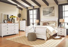 Two-tone finish in white wash replicated worn through paint with authentic touch and a replicated wood grained block pattern with authentic touch. Large scaled shapely bedroom collection features bun feet. Ring pull hardware in an antique brass color, acc