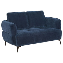 Enhance your living space with this elegant loveseat, designed to capture attention from every angle. With its beautifully curved design and alluring back profile, this loveseat offers both style and comfort. The deep blue upholstery adds a touch of luxur