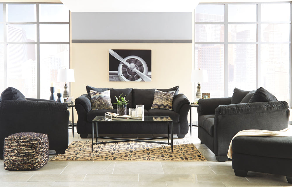 Talk about fine lines and great curves. Thatâ€™s the beauty of this living room setâ€”made to suit your appreciation for clean, contemporary style. <h4><b>Darcy - Black - Sofa</b></h4> <table width=-"100%-"><colgroup><col style=-"width: 30%