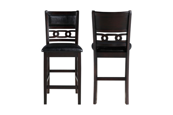 Enhance your dining room with this set of 2 New Classic Gia Counter Chairs in a dark ebony finish. Crafted from solid Rubberwood and Mindi veneers, these chairs combine durability with timeless beauty. The deep ebony finish accentuates the natural wood gr