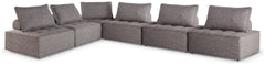 This modular seating set seeks to bring serenity to your outdoor seating area. Channeling Japandi and casual contemporary aesthetics, its low profile encourages laid-back living without sacrificing sophistication. The included back cushions complete momen