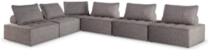 This modular seating set seeks to bring serenity to your outdoor seating area. Channeling Japandi and casual contemporary aesthetics, its low profile encourages laid-back living without sacrificing sophistication. The included back cushions complete momen