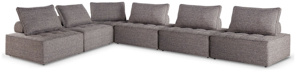 This modular seating set seeks to bring serenity to your outdoor seating area. Channeling Japandi and casual contemporary aesthetics, its low profile encourages laid-back living without sacrificing sophistication. The included back cushions complete momen