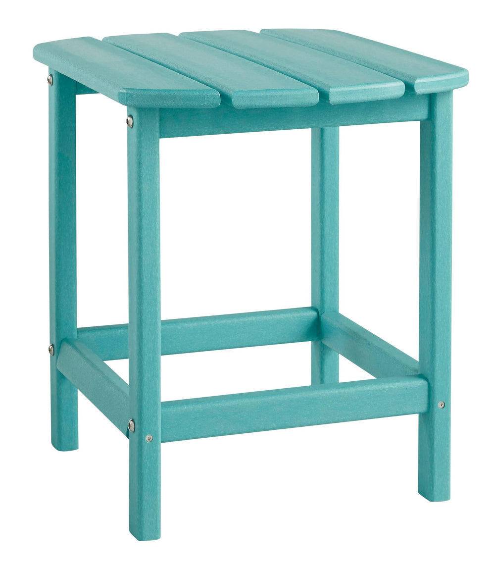 Add cottage-quaint charm to your outdoor oasis with this outdoor end table in turquoise. Made of MEGA-TUFFÂ® high-density polyethylene material, itâ€™s sure to weather the seasons beautifully. Designed to shed rainwater, the tableâ€™s slatted top with gen