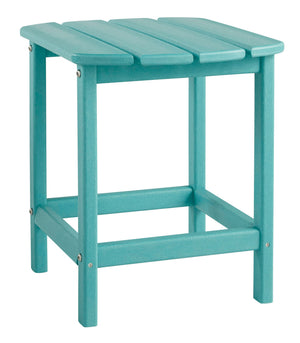 Add cottage-quaint charm to your outdoor oasis with this outdoor end table in turquoise. Made of MEGA-TUFFÂ® high-density polyethylene material, itâ€™s sure to weather the seasons beautifully. Designed to shed rainwater, the tableâ€™s slatted top with gen