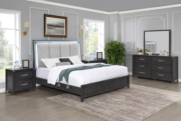 Experience the epitome of sophistication with the Odessa 5 Piece Bedroom Set. This ensemble includes a beautifully illuminated bed, a 6 drawer dresser, a mirror and two 2 drawer nightstands, all in a captivating charcoal gray finish. Crafted from robust P