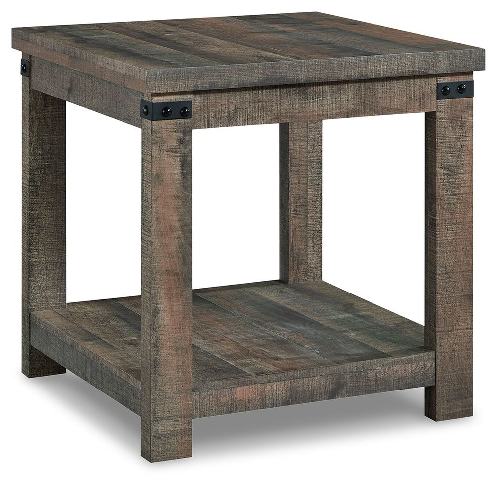 Keep your aesthetic chic and approachable with this charming end table. The piece has an effortless beauty, with a replicated aged barn wood pattern and matte black metal accents adding vintage-inspired elegance. Combining elements of fashion and function