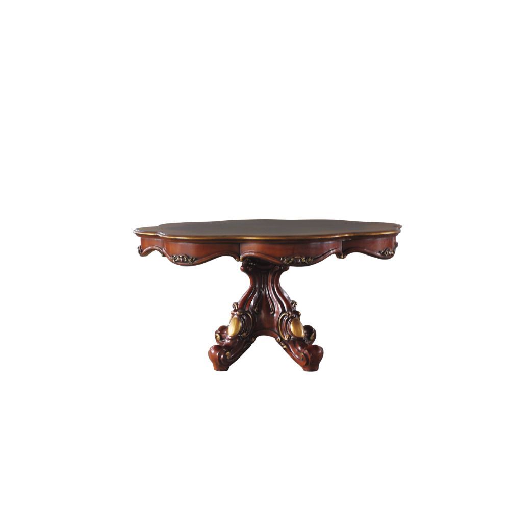 Acmeâ€™s exclusive Picardy collection now includes this magnificent pedestal dining set in cherry oak finish! The round wooden top features a parquet look veneer, and is supported by a pedestal with oversized scrolled legs with antique hand-brushed finish
