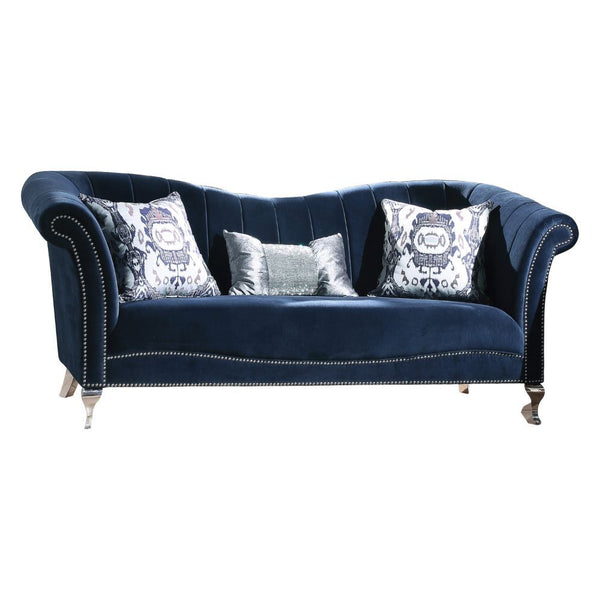 Grace your home with the charm of the Jaborosa blue velvet sofa set. With clean lines, arched backrest with vertical stitching lines, Nailhead trim on the arm and the base and tight back and seat cushion, the Jaborosa blue fabric living room furniture set