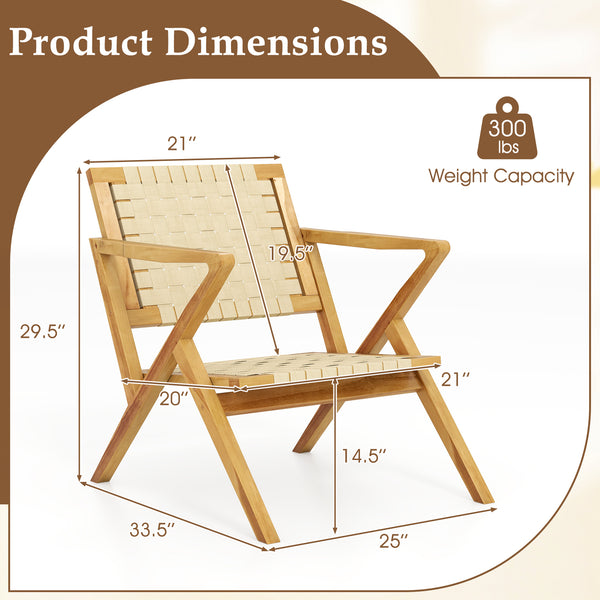Built to last with solid teak wood construction<br>Slanted backrest for better support and comfort<br>Spacious seat offers ample room for relaxation<br>Webbing design adds elegance and ventilation<br>Wide armrests provide ultimate comfort<br>Sturdy triang