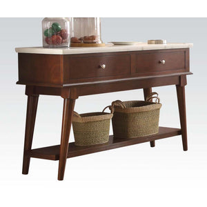 Keep all of your dining essentials close at hand with the Gasha server. The smooth, white marble surface space is ideal for serving or display while each of the walnut wood drawer-'s welcome flatware, linens and more. Rectangular legs offer support while 