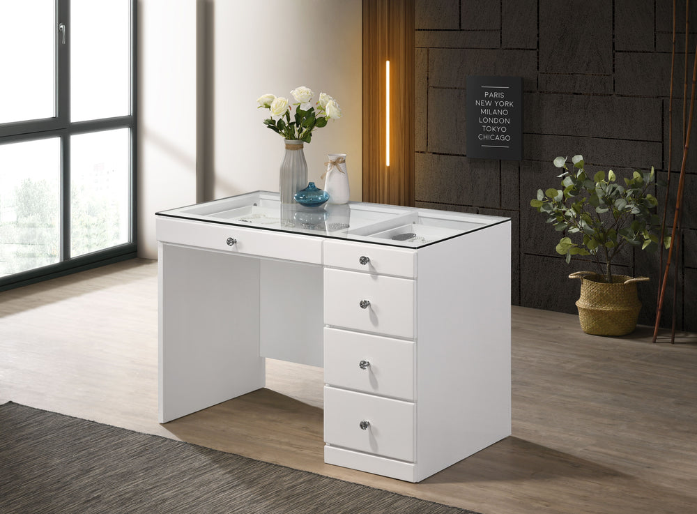 Morgan - Vanity Desk With Glass Top - White<h4><b>Morgan - Vanity Base - White</b></h4> <table width="100%"><colgroup><col style="width: 30%"> <col style="width: 70%"> </colgroup> <tbody> <tr> <td>Dimensions</td> <td> 44.00"L x 23.25"D x 31.00"H</td> </tr