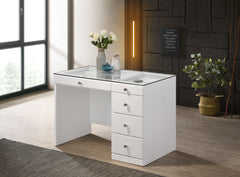Morgan - Vanity Desk With Glass Top - White<h4><b>Morgan - Vanity Base - White</b></h4> <table width="100%"><colgroup><col style="width: 30%"> <col style="width: 70%"> </colgroup> <tbody> <tr> <td>Dimensions</td> <td> 44.00"L x 23.25"D x 31.00"H</td> </tr