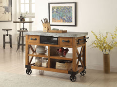 The Kailey kitchen cart with durable construction of wood and metal in a unique distress oak finish will become a stylish and function centerpiece of your home. The kitchen cart rests on casters, allowing you to move it easily. The storage space includes 