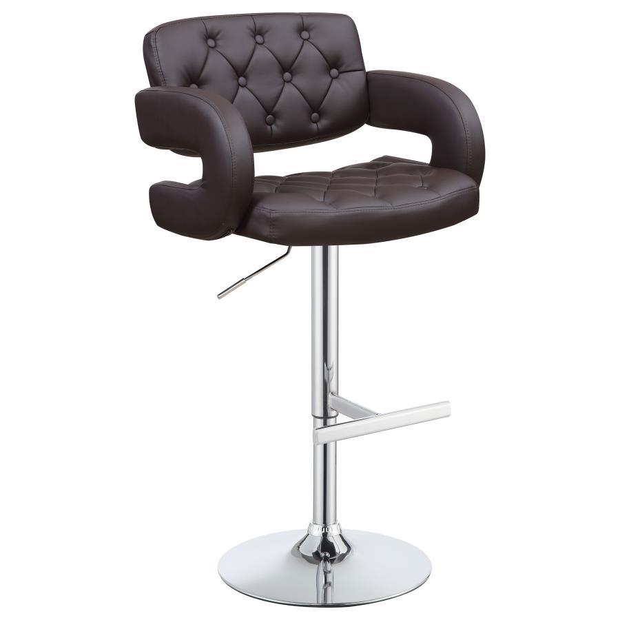 This recreation bar stool is at home at a kitchen island or in the rec room. Chrome stand and base combine with brown upholstery for a unique complement to your decor. Padded armrest makes it easy to relax like in a traditional chair. Raise the seat to ge