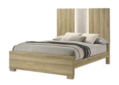 This bedroom set encapsulates modern minimalism, rendered in a soothing, natural wood finish that brings an organic, airy feel to any bedroom. The clean-lined bed boasts a broad headboard that stands as a subtle statement piece with integrated lighting. A