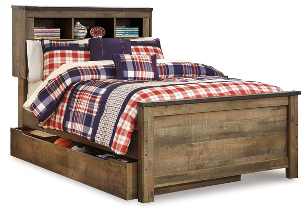 Whether she loves horses or he-'s a cowboy at heart, this full bookcase bed with side storage matches their authenticity. Its rustic finish, plank-style details and nailhead trim pay homage to reclaimed barn wood, making for a chic look loaded with charm.