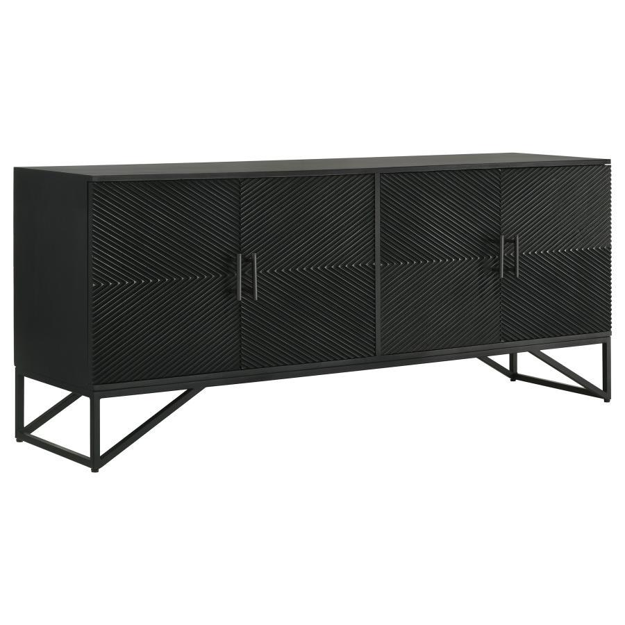 Bold finish composite wood and iron merge to create a stylish and durable four-door accent cabinet. Perfect for use in your dining room, living room, or media room, this chic cabinet is versatile and attractive. Diagonal self-striping adds textured effect