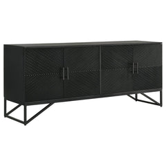 Bold finish composite wood and iron merge to create a stylish and durable four-door accent cabinet. Perfect for use in your dining room, living room, or media room, this chic cabinet is versatile and attractive. Diagonal self-striping adds textured effect