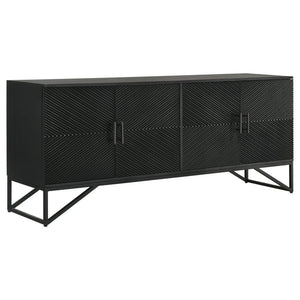 Bold finish composite wood and iron merge to create a stylish and durable four-door accent cabinet. Perfect for use in your dining room, living room, or media room, this chic cabinet is versatile and attractive. Diagonal self-striping adds textured effect