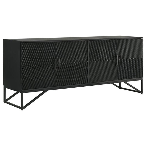 Bold finish composite wood and iron merge to create a stylish and durable four-door accent cabinet. Perfect for use in your dining room, living room, or media room, this chic cabinet is versatile and attractive. Diagonal self-striping adds textured effect
