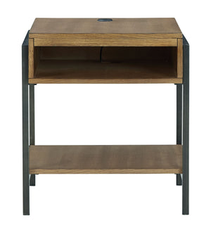  natural-looking finish that provides a dramatic contrast to the black metal frame. Its open cubby is perfect for stowing away books 