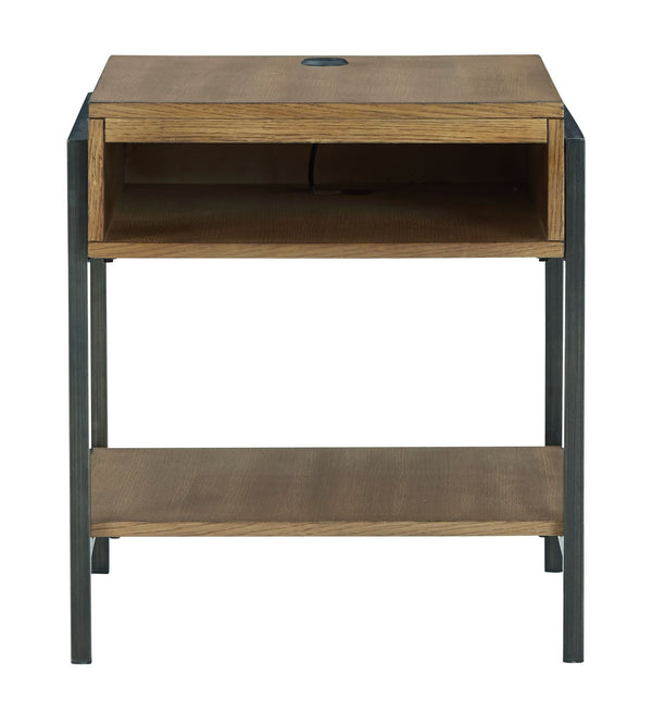  natural-looking finish that provides a dramatic contrast to the black metal frame. Its open cubby is perfect for stowing away books 