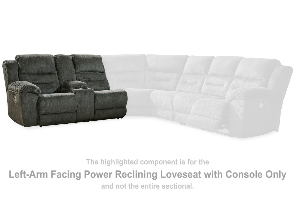 This left-arm facing power reclining loveseat with console is made with polyester upholstery. Pairs with other items in the series to make a sectional.<br><br><b>Additional Dimensions</b><br><ul><li>Arm height: 27-"</li><li>Seat depth: 22-"</li><li>Seat h