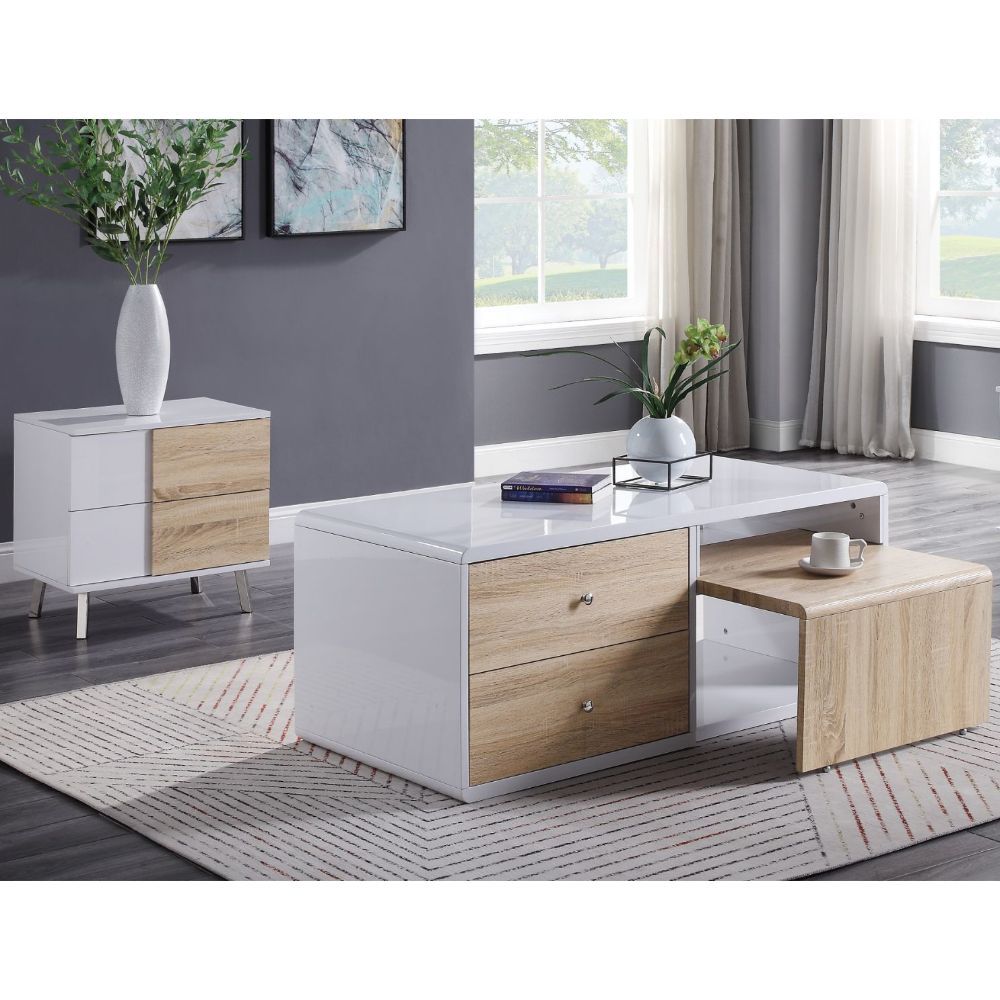 KD, Rectangular Coffee Table â€¢ Storage: 4 Drw, Pull-Out Table â€¢ Includes: High Gloss Case-Frame, Contrast Drawer Fronts & Pull-Out Table â€¢â€¢ CONSTRUCTION â€¢â€¢ Wooden Case-Frame: White High Gloss, MDF â€¢ DRAWER & PULL Table) Wooden, Paper Veneer,