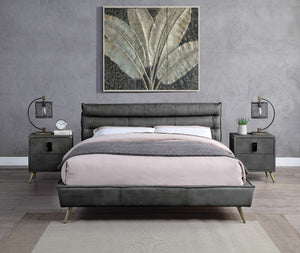 Masculine yet soft, the Doris bedroom collection is edgy and inviting all in one. The leather upholstered bed can fit with an industrial, vintage, or modern bedroom easily. The headboard features horizontal channel tufting to adds some support while leani