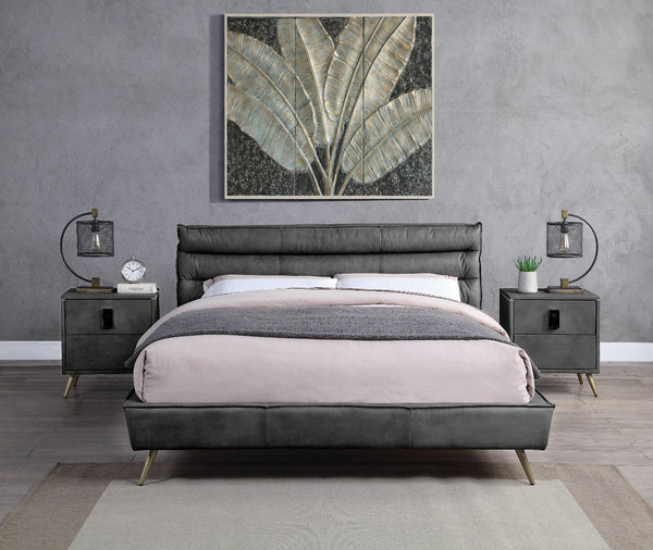 Masculine yet soft, the Doris bedroom collection is edgy and inviting all in one. The leather upholstered bed can fit with an industrial, vintage, or modern bedroom easily. The headboard features horizontal channel tufting to adds some support while leani