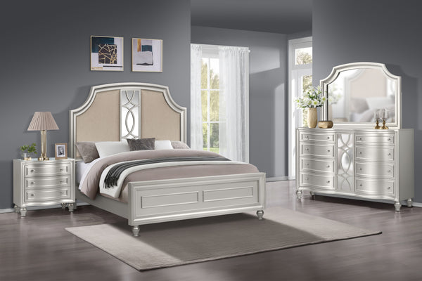 Step into timeless elegance with the Reflection 4 Piece Bedroom Set in Silver, featuring a bed, dresser, mirror, and nightstand. Crafted from solid Pine and manufactured wood, this collection ensures enduring quality and strength. The glamorous matte silv