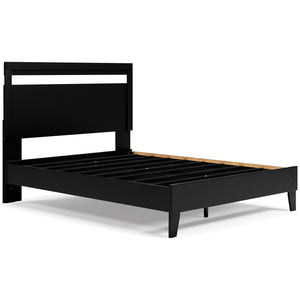  rest assured this queen panel platform bed suits you. Its linear profile is enhanced with a matte black finish with subtle replicated wood grain. The headboard-'s peekaboo cutout adds a cut-abo