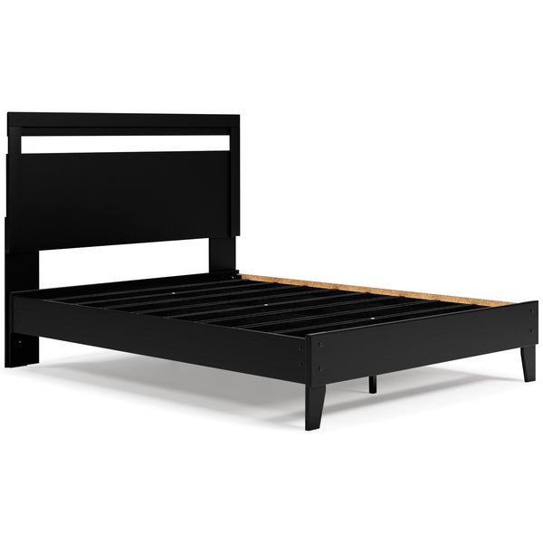  rest assured this queen panel platform bed suits you. Its linear profile is enhanced with a matte black finish with subtle replicated wood grain. The headboard-'s peekaboo cutout adds a cut-abo
